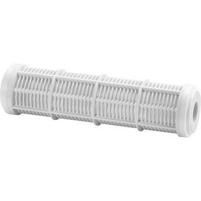 White cylindrical mesh filter cartridge with perforated slotted sides and capped ends, shown on a plain background.