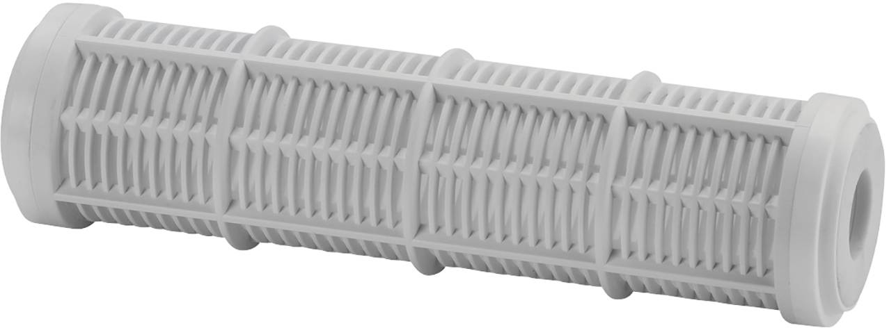 Grey, cylindrical filter with a ribbed design and rounded ends, potentially used for water or air filtration.