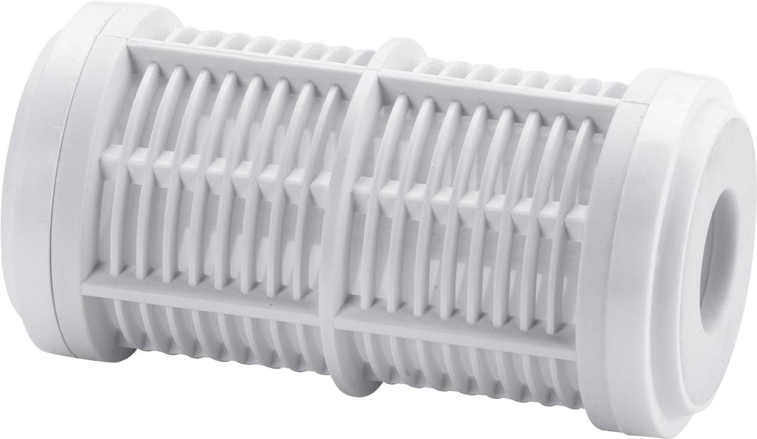 White cylindrical plastic filter cartridge with pleated mesh and threaded ends, isolated on a white background.