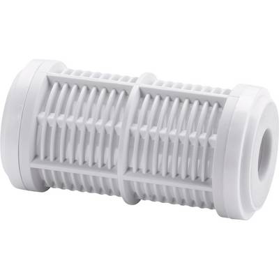 White cylindrical plastic filter cartridge with pleated mesh and threaded ends, isolated on a white background.