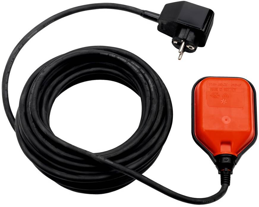 Black extension cord with plug and orange inline switch on a white background.