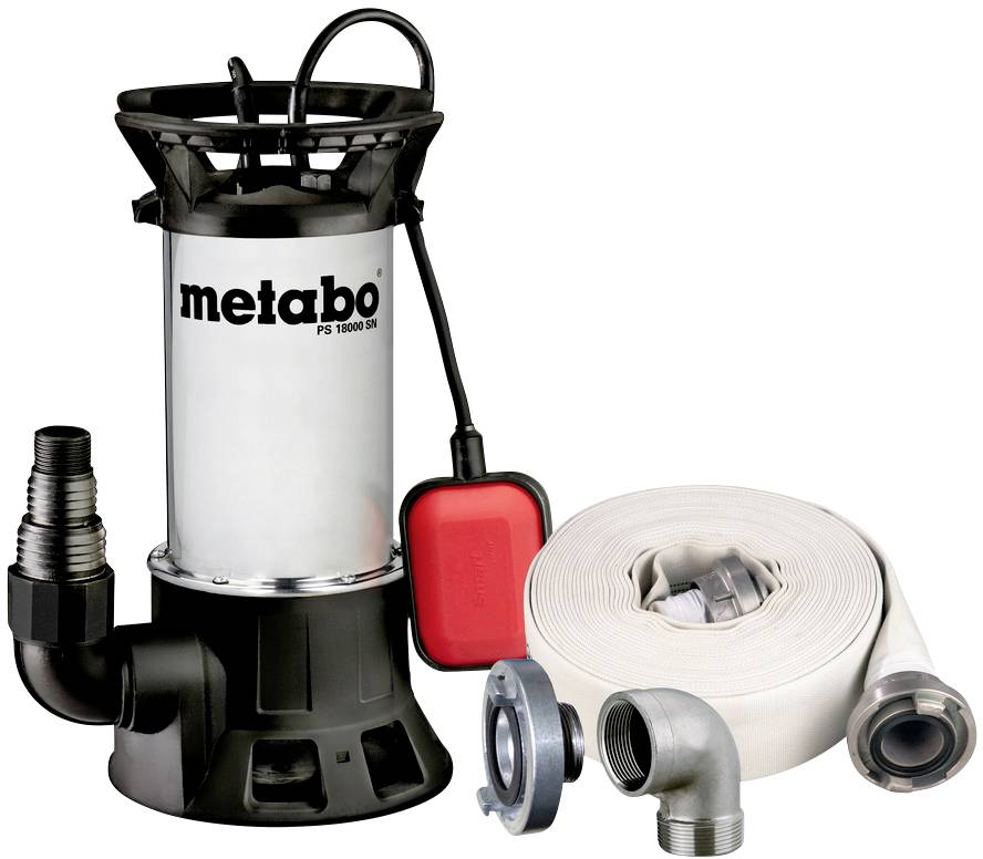 A silver and black submersible pump with a red switch, surrounded by a hose and several connections.