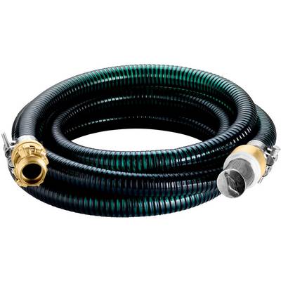 Coiled black corrugated hose with metal fittings on both ends, shown on a white background.
