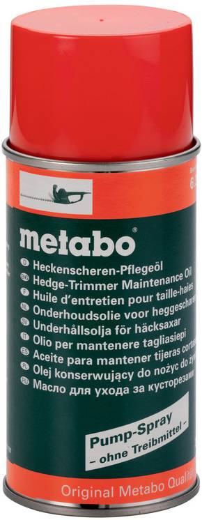 Metabo pump-spray can for hedge trimmers and pruning tools, labeled 'Pump-Spray ohne Treibmittel' and 'Original Metabo Quality'.