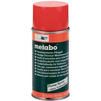Red spray can with green label from the brand "metabo", contains hedge trimmer maintenance oil as a pump spray without propellant.