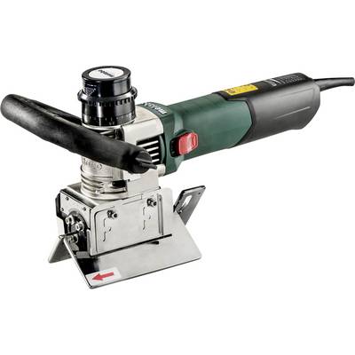 Electric handheld woodworking router with base and guide rails, shown on a white background.