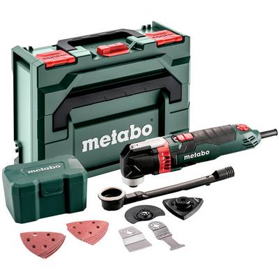 Metabo cordless multi-tool kit with carrying case, battery, sanding pads, and cutting accessories arranged on a white background.