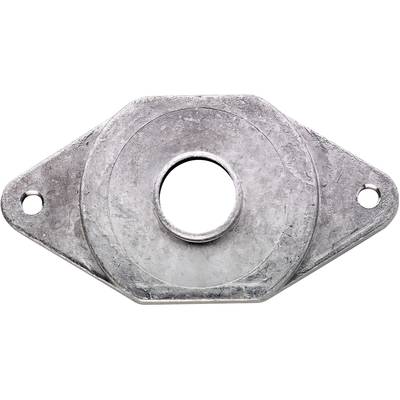 Metal plate with a central hole and two side mounting holes. Surface appears rusty and uneven.