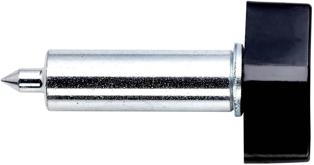 A silver metal pin with a pointed tip and a black plastic handle, possibly a tool or part of a device.