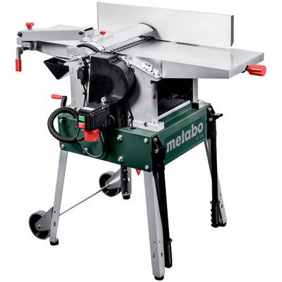 Portable Metabo table saw with silver tabletop, black blade guard, red adjustment handles, and folding stand on a white background.