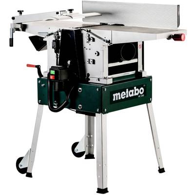 Woodworking machine on a metal frame with a green casing, the brand name 'metabo' visible. Suitable for planing and sawing wood.