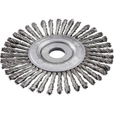 Round wire brush wheel with metal center hub for cleaning or deburring surfaces<br>