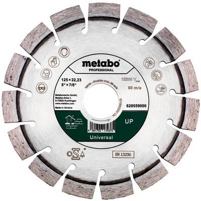 Metabo Professional segmented diamond saw blade labeled 'Universal' with size and speed specifications on the center hub.<br>