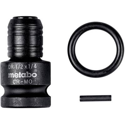 Black metal socket insert, marked with 'Metabo DR-1/2 x 1/4 CR-MO'. Beside it a black O-ring and a black pin.