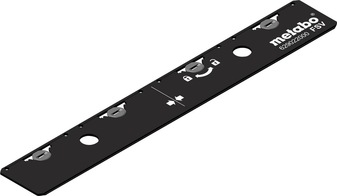 Black Metabo FSV metal rail guide with holes, angled on a white background, labeled 'metabo' and '628020000 FSV'.