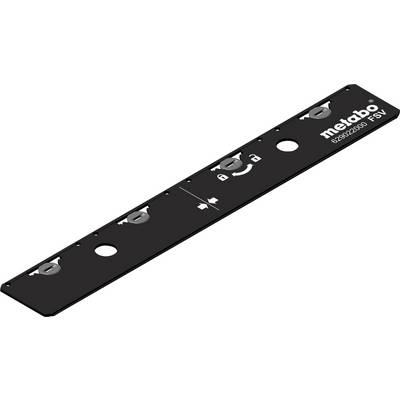 Black Metabo FSV metal rail guide with holes, angled on a white background, labeled 'metabo' and '628020000 FSV'.