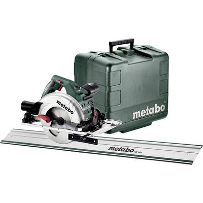 Metabo circular saw with guide rail and carrying case, shown as a power tool set for straight cutting.