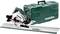 'Storage image of a Metabo handheld circular saw with guide rail and green transport case. Tool for precise wood cutting.'