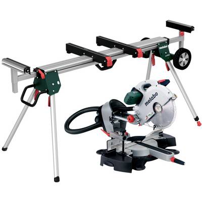 A Metabo mitre saw with stand, suitable for precise wood cutting. Includes ergonomic handles and adjustable mounting brackets.