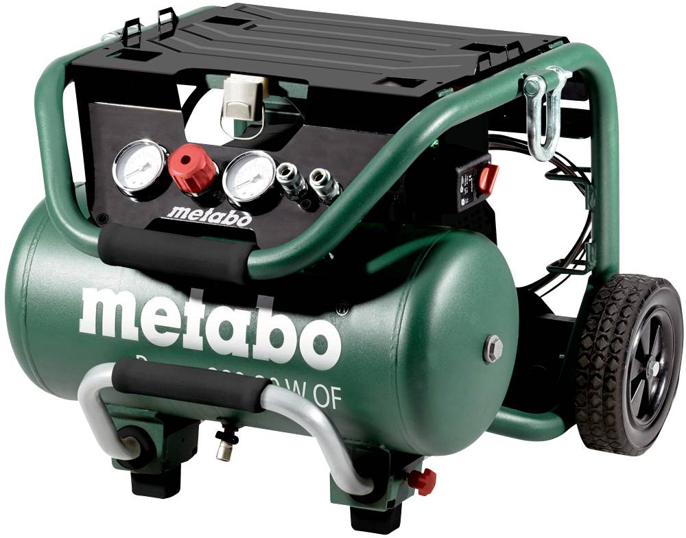 A portable Metabo compressor with two pressure gauges and a large air tank, mounted on wheels for easy mobility.