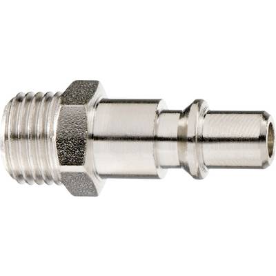 Close-up of a metal hose fitting adapter with threaded end and smooth connector tip on a white background.