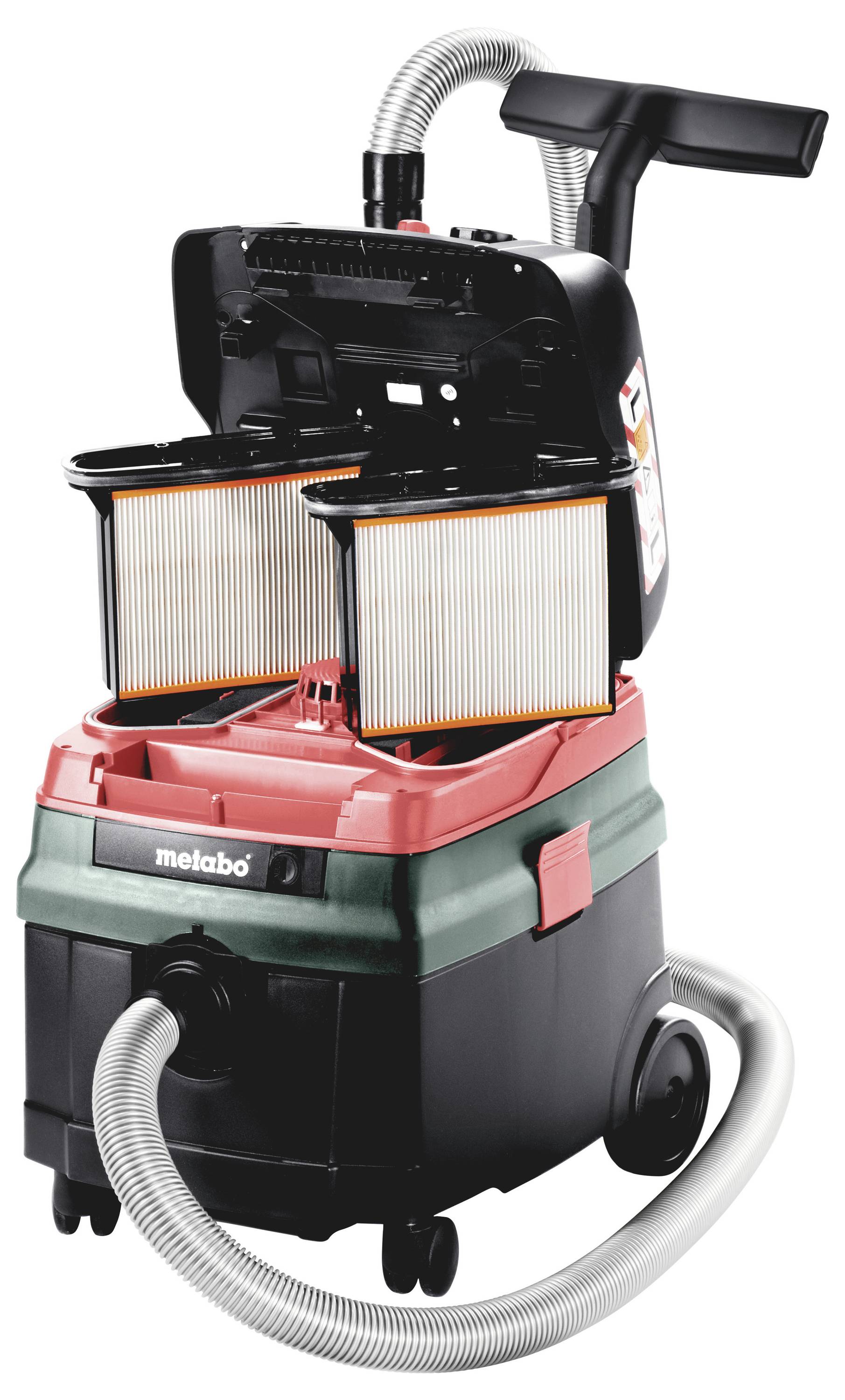 A vacuum cleaner with a handle, showcasing its open filter compartment with two visible filters, a hose, and the brand name 'metabo'.