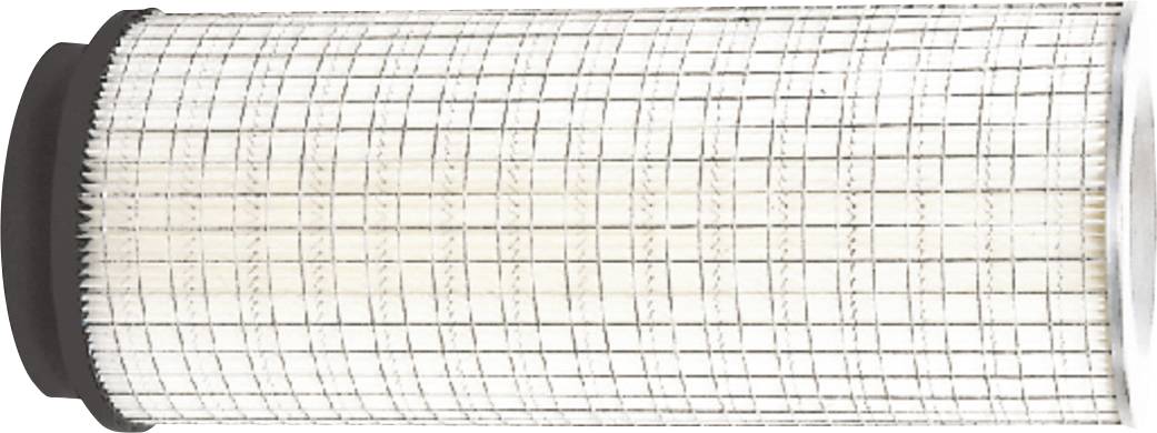 Cylindrical white mesh air filter cartridge with black end caps, shown on a white background.