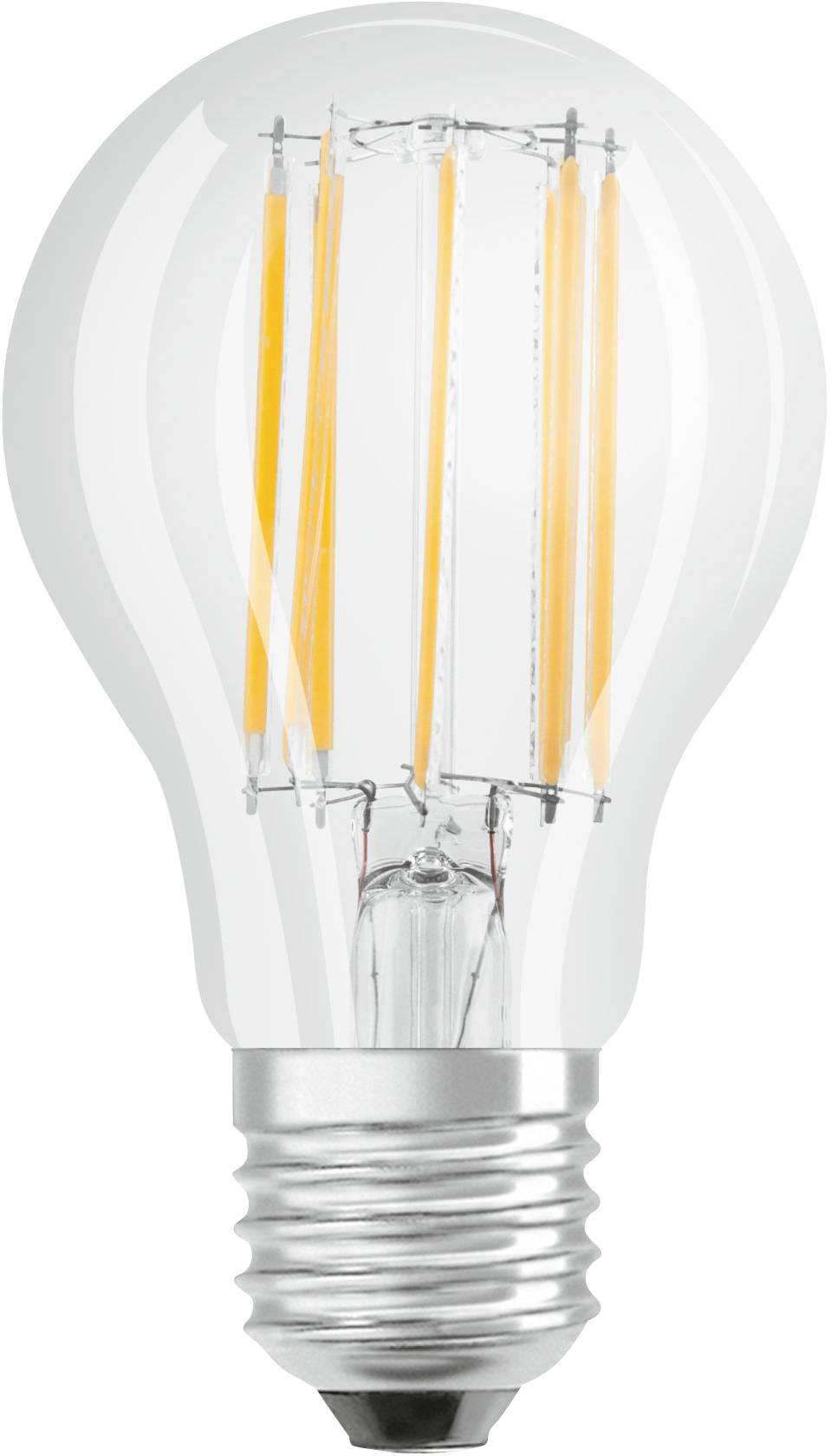 A clear light bulb with visible filaments, aligning with modern design and hinting at energy efficiency.