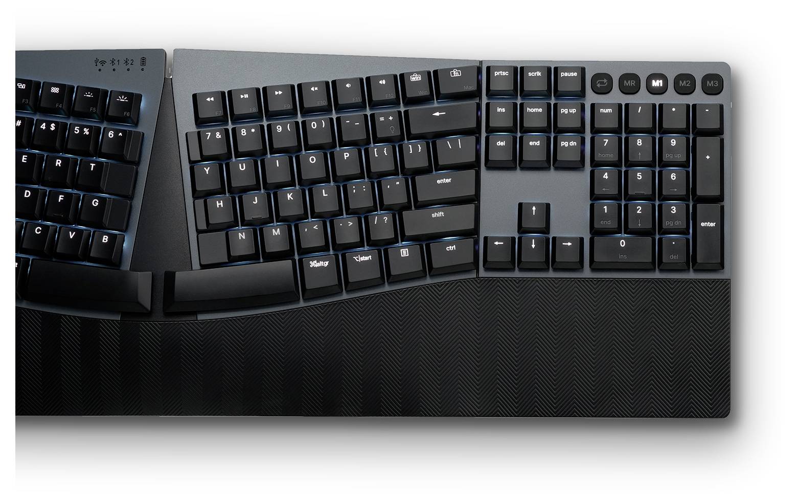 An ergonomic keyboard in black and grey, split in the middle to promote a natural hand position.