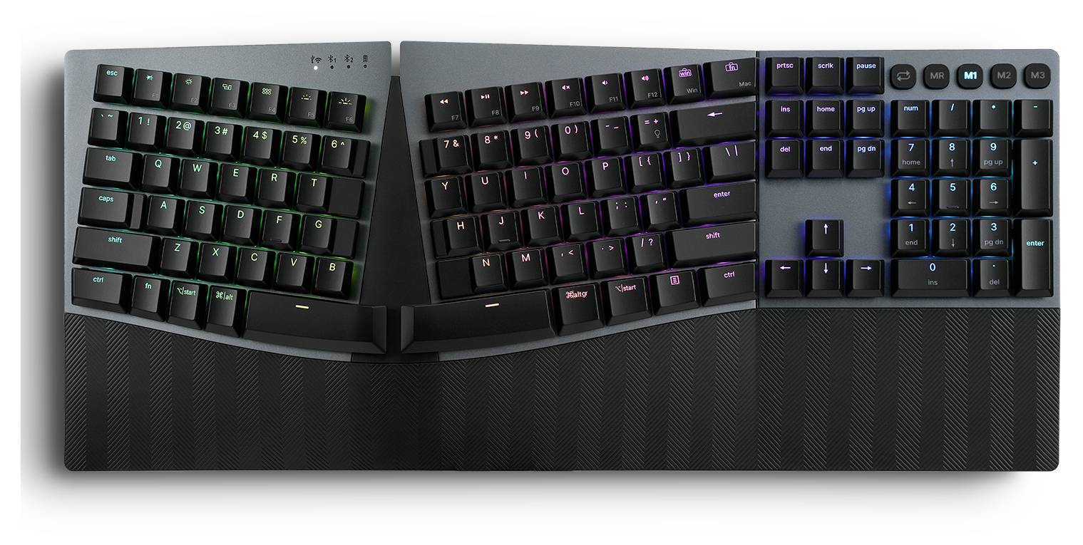 Ergonomic, split keyboard with RGB-illuminated keys in various colours, suitable for comfortable typing.