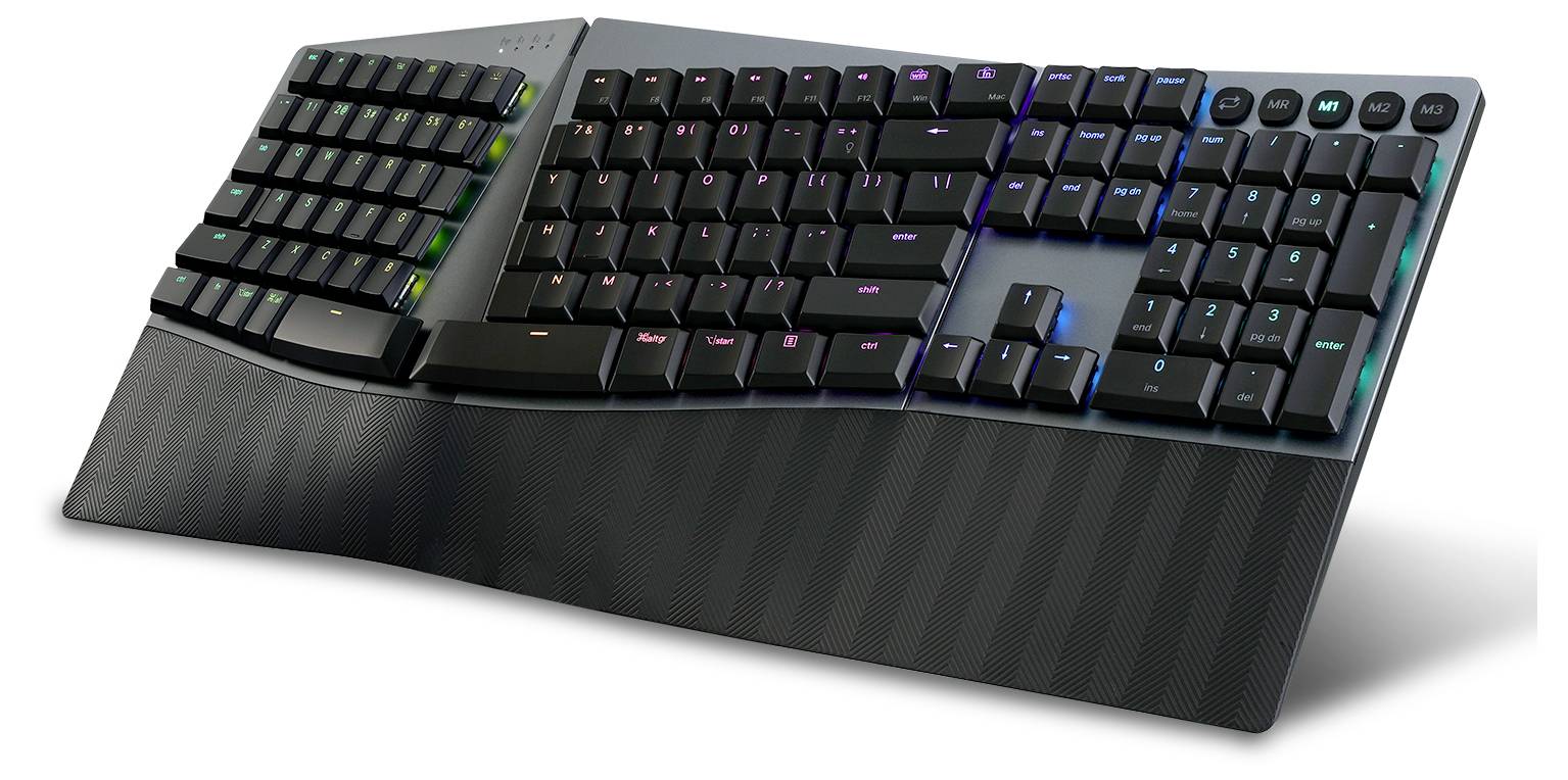 Mechanical gaming keyboard with detachable numeric keypad, RGB lighting and ergonomic wrist rest.