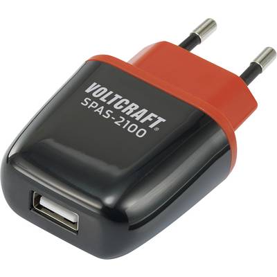 Black USB charger with red plug 'VOLTCRAFT SPAS-2100', suitable for European plug sockets.