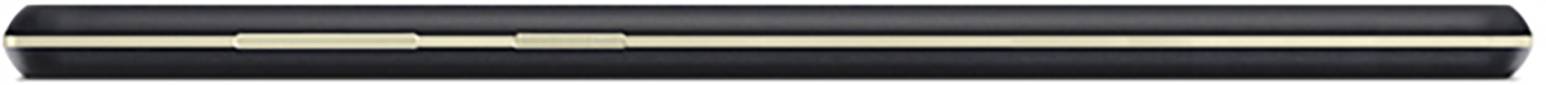 An elegant black fountain pen with golden accents, positioned horizontally.