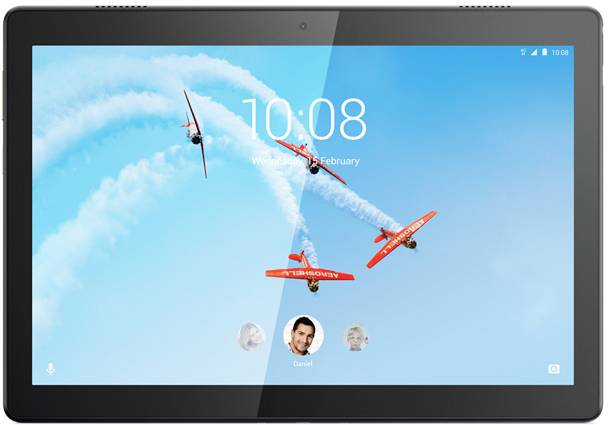Three double-decker aeroplanes fly in formation with vapour trails across the sky. Tablet display with time and profile pictures below.