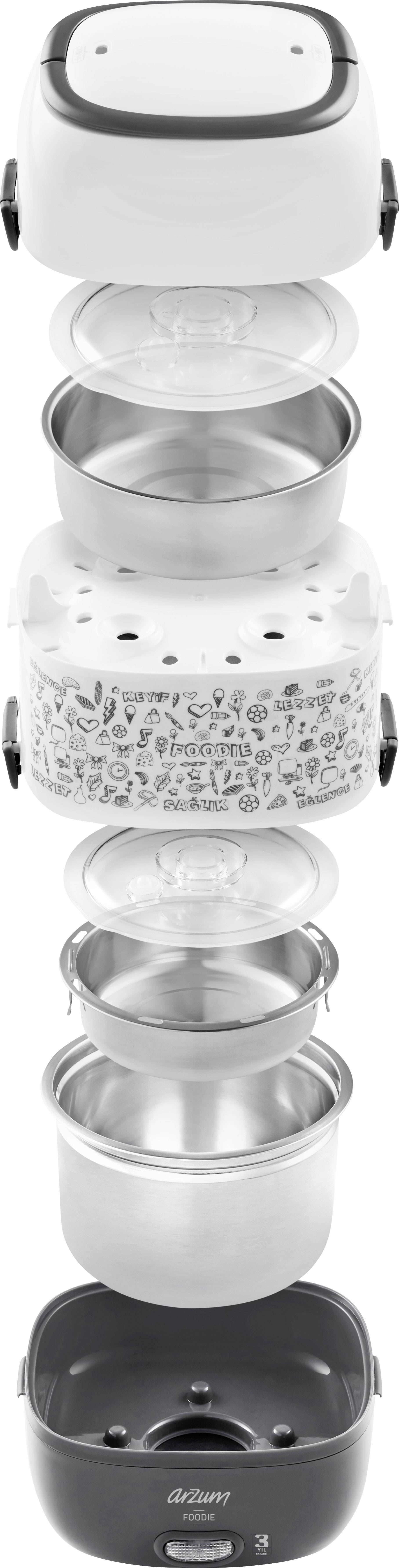 Exploded view of an electric rice cooker with individual components: lid, inner pots, steam insert, heating base.