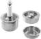 'Three stainless steel mixing bowls, one with a white, upright mixing attachment.'