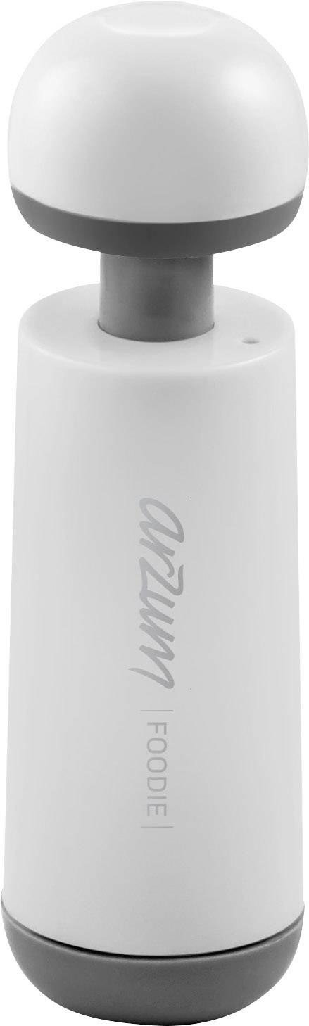 White, cylindrical salt and pepper shaker with grey accents and a rounded top; the inscription reads 'WMF ZWILLING'.