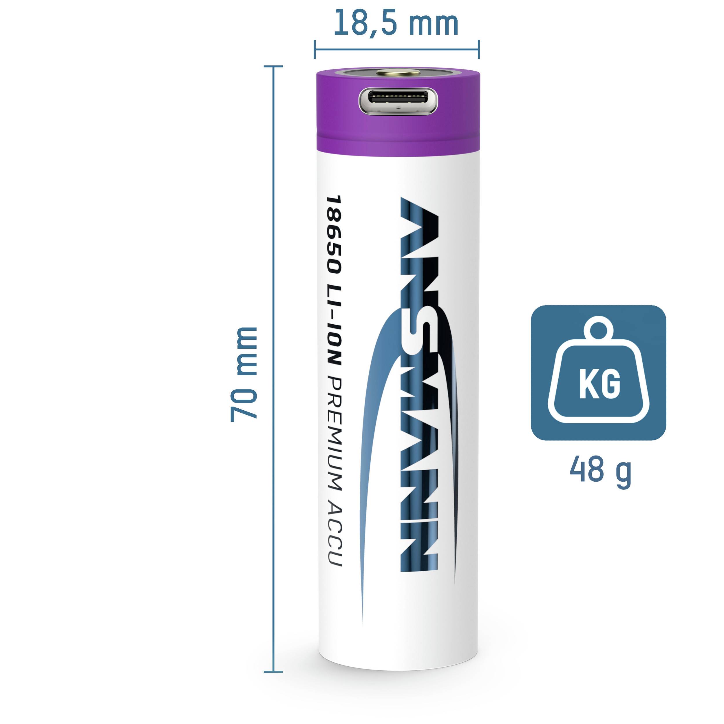 An 18.5 mm wide and 70 mm tall lithium-ion battery weighs 48 g. It has a purple top surface and the inscription 'ANSMANN'.