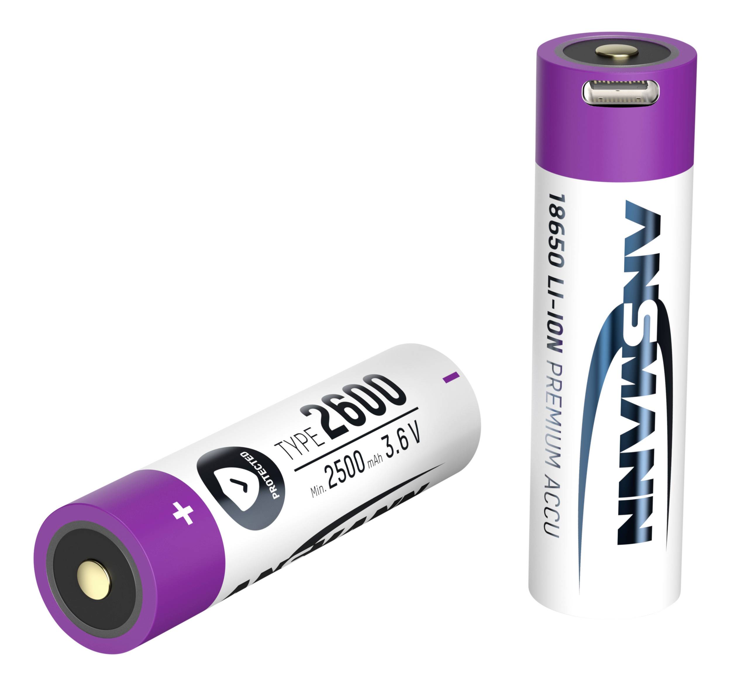 Two lithium-ion batteries are placed side by side, one lying down and one standing upright. Labels show '2500mAh, 3.6V, Premium Battery'.