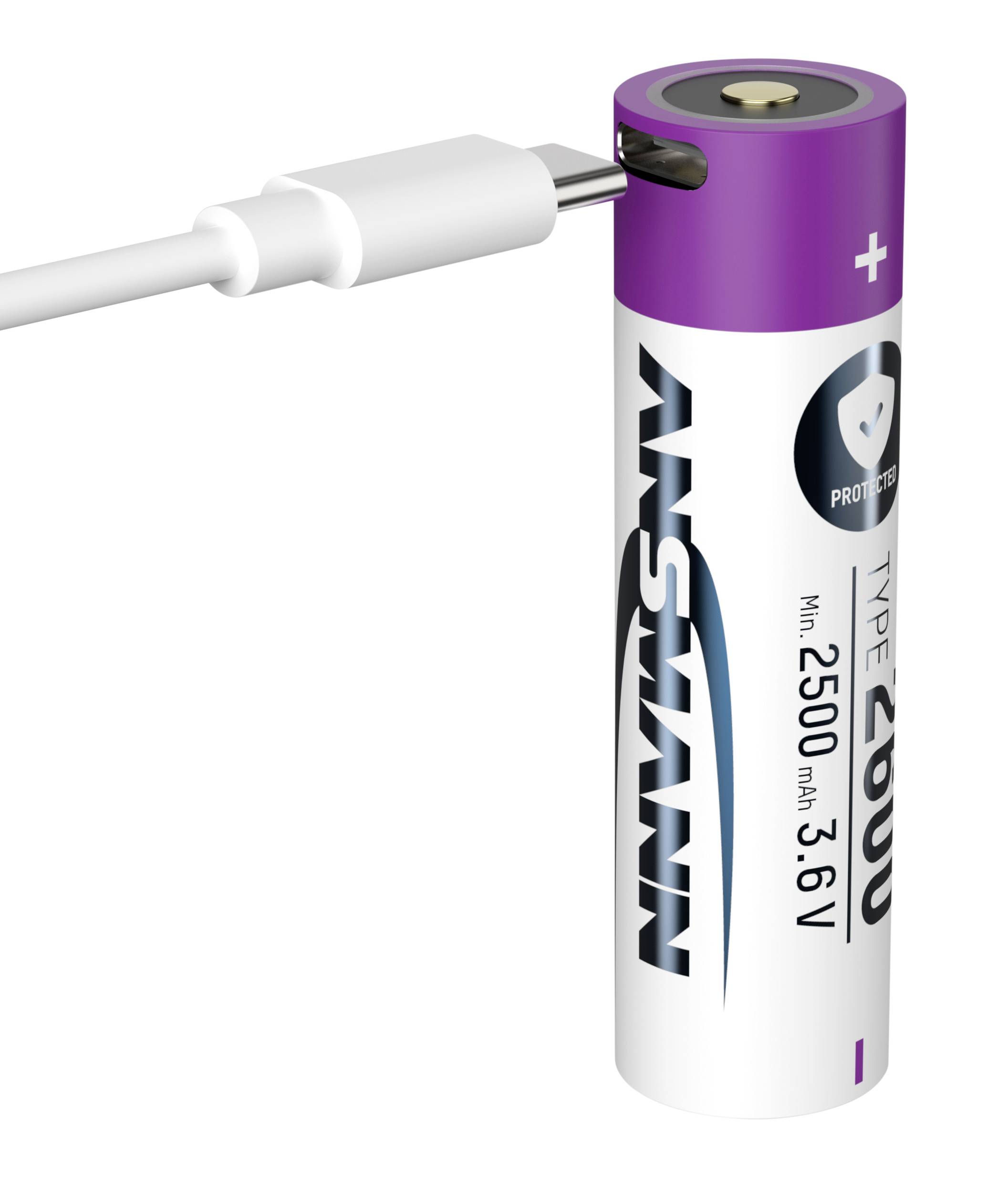 'Rechargeable Ansmann battery with USB-C connection, purple top, Type 2600, 2500 mAh, 3.6 V.'