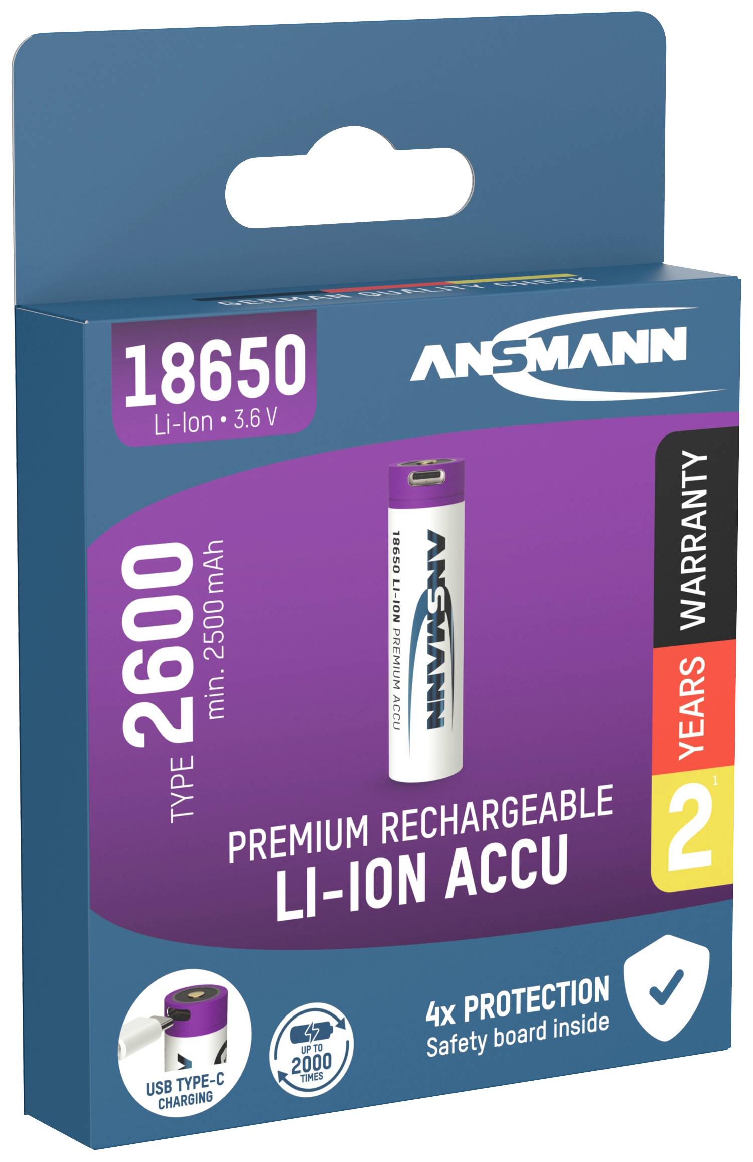 Rechargeable Li-Ion Battery '18650, 2600 mAh' by Ansmann. Packaging displays warranty, protective features, and USB-C charging option.