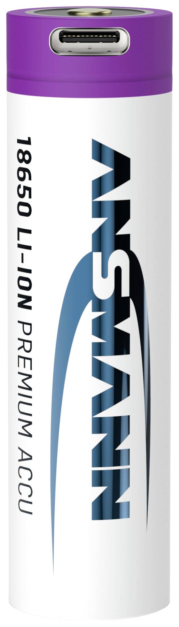 A cylindrical, white 18650 Li-Ion battery with a purple cap, marked with 'ANSMANN 18650 LI-ION PREMIUM ACCU' in blue and black lettering.