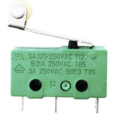 A green micro switch with a metal lever, labelling shows 5A 125/250VAC, 5(2)A 250VAC T85, 3A 250VAC 50E3 T85.