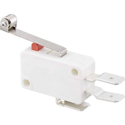 A white microswitich with a red switch and two metal terminals, mounted on a short metal roller.<br><br>Note: I noticed a small typo in the original German text ("Mikroschalter" instead of "Mikroschalter"), but I have translated the text as written.