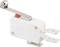 A white microswitich with a red switch and two metal terminals, mounted on a short metal roller.<br><br>Note: I noticed a small typo in the original German text ("Mikroschalter" instead of "Mikroschalter"), but I have translated the text as written.