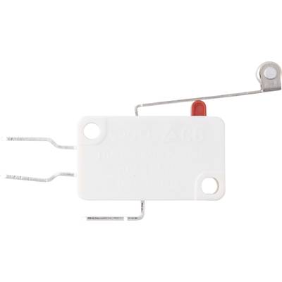A small, rectangular microswitch with white and red components.