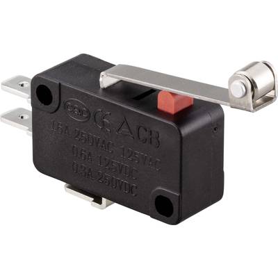 A black microswitch with a metal lever and red switch, marked with electrical specifications.