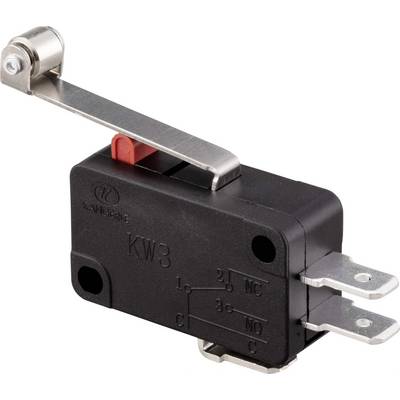 A black microswitch with a metal lever and three terminal clips. The lever has a small wheel at its end.