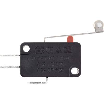 'Black micro switch with lever and red button, featuring markings and technical specifications for current strengths and voltages.'