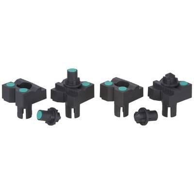 Four black plastic components with green padding at varying intervals. Suitable for mechanical applications.